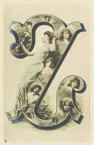 Z: foto-retrato de mulher em um longo drapeado azul, vários bustos de mulheres na letra - Alfabeto retratos de mulheres. A. L. editor de Unbekannt