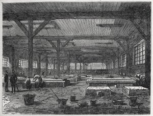 fábrica de vidro: fabrico de um espelho, c.1880 (gravura) de Unbekannter Künstler