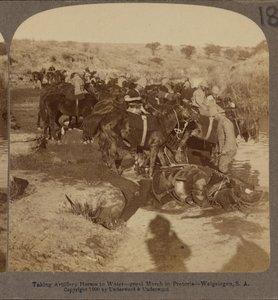 Cavalos de artilharia molhando, Welgelegen, África do Sul de Underwood and Underwood
