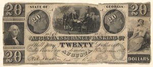 Nota de 20 dólares emitida pela Augusta Insurance & Banking Co., Augusta, Geórgia em 1858 com gravuras da Declaração de Independência após Trumbull, Washington após Stuart (?) de Unknown