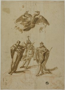 Assunto alegórico: Águia imperial de duas cabeças nas nuvens; No chão, uma figura drapeada, um rei e uma figura de fama de Unknown