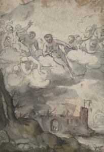 Figuras celestes acima de um castelo devastado pela Morte e pelo Diabo de Unknown