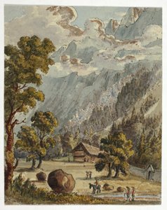 Chalé e jardim sob os Alpes (frente); Aldeia e glaciar de Boissons, Chamix (verso) de Unknown