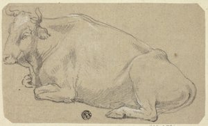 Vaca deitada sobre as ancas (anverso); cabeça de mulher e esboço de cabeça de cavalo (verso) de Unknown