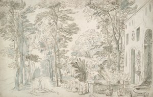 Jardim com fontes e arbustos em vaso de Unknown