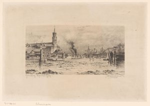 Vista do Kehrwiederspitze e de uma igreja, em Hamburgo de Unknown