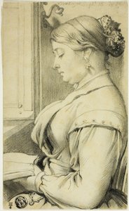 Retrato a meio comprimento de uma mulher (de perfil à esquerda) a ler junto a uma janela de ópera de Unknown