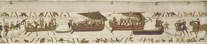 Harold atravessa o Canal para o território de Guy, Conde de Ponthieu, onde é capturado, tapeçaria de Bayeux (bordados de lã sobre linho) de Unknown