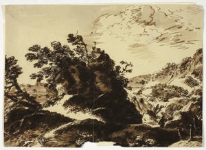 Paisagem montanhosa com figura em primeiro plano de Unknown