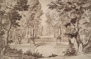 Vista Imaginária de um Parque com Estátuas e Casais de Unknown