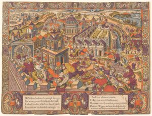 Jerusalem est Prize & brulee, le Roy Sedecias a les yeux crevez. Et Jeremie est mene en Babilone. (Jerusalém é tomada e queimada; o rei Seleucis tem seus olhos arrancados. E Jeremias é levado para a Babilônia. Jeremias 39-43), não. 6, A História de Jeremia de Unknown