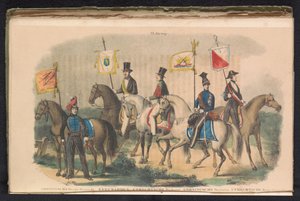 Trajes e bandeiras das guardas de honra de Groningen, Leeuwarden e Utrecht, 1840-1842 VI. Grupo (título no objeto) de Unknown