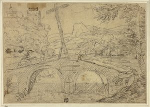 Paisagem com ponte (com cruz) sobre o desfiladeiro, com montanhas e castelo à distância de Unknown