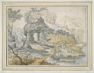 Paisagem com edifícios em Archway in Rocks de Unknown