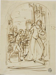 Ilustração literária: Senhora medieval com página (anverso); esboços de figuras (verso) de Unknown
