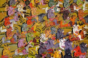 Pintura de Marwar: Detalhe dos demônios se preparar para a batalha contra a deusa Durga, museu do palácio rnMehrangarh Fort, rnJodhpur, Rajastão, Índia de Unknown