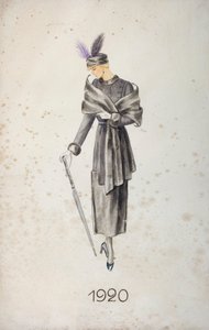 Modelo usando um casaco e um chapéu com penas, carregando um guarda-chuva, 1920 de Unknown