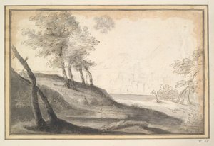 Paisagem montanhosa com árvores e cidade à distância de Unknown