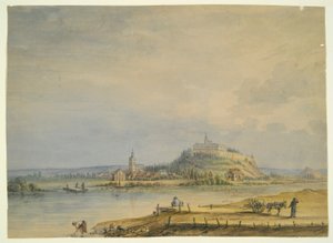 Cena do Rio com Cidade, Castelo na Colina e Camponeses Trabalhadores de Unknown