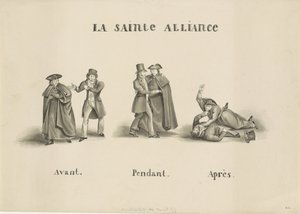 Desenho animado sobre a aliança feita entre o partido clerical católico romano e o partido Liberal contra o governo holandês, 1828
La Sainte Alliance (título sobre o objecto) de Unknown