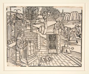 Os Shepherds Chromis e Mnasyle Tying Up the Sleeping Silenus. 1502. A partir de uma publicação ilustrada de Virgil de Unknown