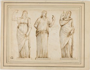 Três estátuas romanas de figuras femininas drapeadas e esboço de outra estátua em perfil à direita de Unknown