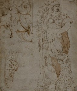 Três Esboços: Fortitude, Sandália e Grotescos (reto); Esboços de grotescos e couraça romana (verso) de Unknown