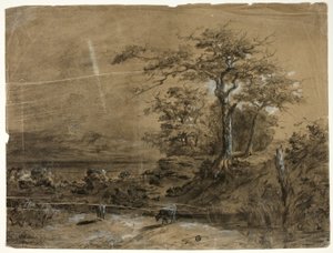 Paisagem arborizada com vacas em primeiro plano de Unknown