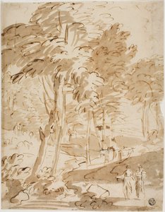 Paisagem arborizada com figuras e animais de Unknown