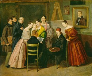 Um pintor e visitantes em um estúdio
