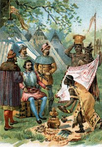 1518 - 1519: Fernand Cortez parte para a conquista do México e recebe os presentes do Imperador Montezuma. de Unknown artist
