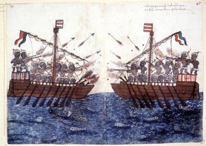 Gravura do século XVI retratando o encontro com um navio pirata no Oceano Índico. Roma biblioteca Casantense. de Unknown artist