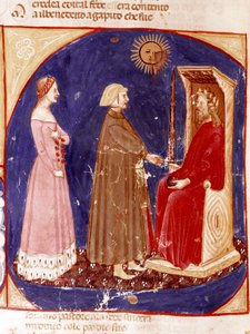 2º céu: Dante e Beatriz enfrentam o Imperador Romano Justiniano no 1º céu do Paraíso. Página iluminada ilustrando uma canção do Paraíso da "Divina Commedia" de Dante Alighieri (1265-1321). Século XIV, Veneza, Biblioteca Marciana de Unknown artist