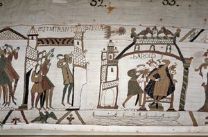 32: O aparecimento do cometa; 33: Um mensageiro avisa o Rei Harold II (1022 - 1066) - Tapeçaria Bayeux, conhecida como Bordado da Rainha Mathilde de Unknown artist