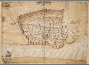 Uma representação da cidade de Hull no século XVI.
Este mapa mostra a cidade de Hull, situada onde o rio Hull desagua no estuário do Humber. É um de uma série de planos que foram desenhados para mostrar o estado das defesas costeiras no final do século 15 de Unknown artist