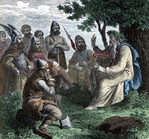 A Bard Reciting to Northmen - Viking Civilization: Um Bardo Druida Recite Poesia para Guerreiros, Século VIII-9 de Unknown artist