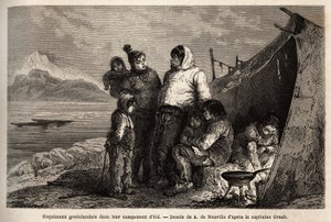 Uma família Inuit da Gronelândia no seu acampamento de verão de peles. Gravura para ilustrar a viagem ao mar livre do pólo Ártico, do Dr. Hayes, cirurgião da Marinha dos Estados Unidos, em 1860-1862, publicada no "Le tour du monde, nouveau journal des voya de Unknown artist
