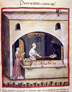 Um padeiro prepara pão branco e pão com sêmola. Iluminação a partir da ordenha de medicamentos e dietética "Tacuinum sanitatis". de Unknown artist