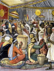 Um banquete na corte do Rei Menelik II (1844 - 1913) na Etiópia. Ill. para a imprensa do final do século XIX. de Unknown artist