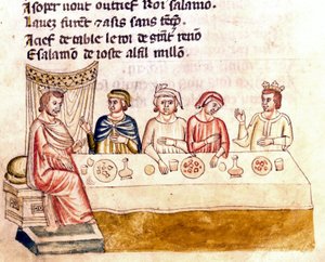 Uma cena de banquete: um rei e seus convidados - Miniatura do códice "The Entrree of Spain" (Ms.Franc.21) do século XIV. Biblioteca Marciana, Veneza. de Unknown artist