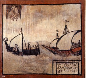 Uma galé barbaresca persegue um barco de pescadores napolitanos. Ex-voto do século XVII. Madonna dell