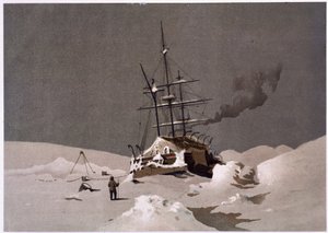 Um barco apanhado no gelo - em "The shores of the polar sea, an Arctic expedition narration", pelo Dr. Edward Moos, Marcus Nard & Co, Londres de Unknown artist