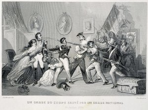 Um guarda-costas salva por uma guarda nacional (29 de Julho de 1830) - em "Fasttes de Gardes nationales de France". de Unknown artist