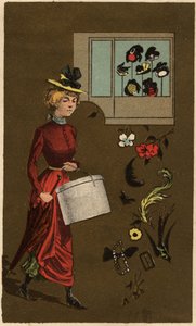Uma mulher burguesa carregando uma caixa de chapéus, cromolitografia anônima, no final do século XIX. de Unknown artist
