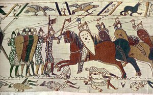 Um ataque de cavalaria. Tapeçaria de Bayeux, bordado (tapeçaria) de Unknown Artist
