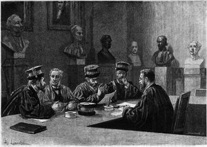 Uma defesa destes desde a escola de medicina do Bairro Latino em Paris. Gravura em "Le journal de la jeunesse". de Unknown artist