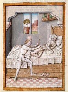 Um médico trata um paciente miniatura de uma tradução alemã das fábulas de "Kalila (Calila) e Dimna" de Bidpai. (ms. 1389, fol. 23) por volta de 1480 Chantilly, museu Conde de Unknown artist