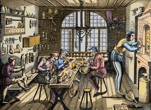 Uma oficina de ourivesaria - Craft: vista da oficina de Etienne Delaune (1518-1583), ourivesaria, gráfica francesa. Gravura depois de um original de 1576. Atelier de Etienne Delaulne, ourivesaria em Paris. de Unknown artist