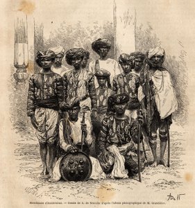 Um grupo de homens muçulmanos em Haiderabad, Paquistão. Gravura para ilustrar a viagem nas províncias meridionais da Índia, por Alfred Grandidier, em 1862-1864, publicada em "le tour du monde", sob a direção de D