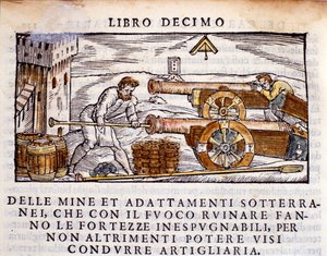 Um artilheiro a carregar uma arma com explosivos. Gravura da ordenha metalúrgica "De la Pyrotechnia" (ou Pirotecnia) de Vannoccio Biringuccio (1480-1539) 1550. de Unknown artist